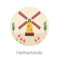 Traditional rural windmill, symbol of Netherlands. Vector illustration