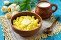 The traditional Russian breakfast - millet porridge with milk Royalty Free Stock Photo