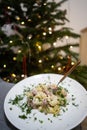 Traditional Russian Christmas Salad Olivier on a white plate. Royalty Free Stock Photo