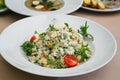 Traditional Russian Christmas Salad Olivier on a white plate Royalty Free Stock Photo