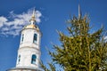 Traditional russian church with domes in nature landscape. Architecture in the Orthodox religion Royalty Free Stock Photo