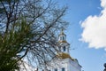 Traditional russian church with domes in nature landscape. Architecture in the Orthodox religion Royalty Free Stock Photo