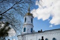 Traditional russian church with domes in nature landscape. Architecture in the Orthodox religion Royalty Free Stock Photo