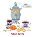 Traditional Russian cuisine. Drinking tea in Russia. Vector illustration