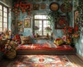 Traditional Russian dacha with folk art and a samovar3D render.