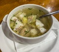 Traditional Russian ear dish fish soup ukha from zander, with pieces of fish