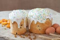 Traditional russian easter cake also called kulich with sugar icind, dried apricots and raisins on vintage textile Royalty Free Stock Photo