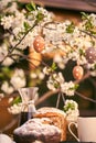 Traditional russian Easter cottage cheese dessert. Orthodox paskha, kulich cakes on table.