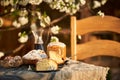 Traditional russian Easter cottage cheese dessert. Orthodox paskha, kulich cakes on table.