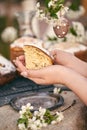 Traditional russian Easter. Woman hands take Orthodox paskha, kulich cakes on table.