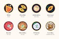 Traditional russian food dishes, set with titles