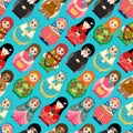 Traditional Russian doll Matryoshka toy nesting vector illustration with human girl cute face seamless pattern Royalty Free Stock Photo