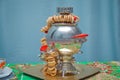 Appetizing tasty bagels on the traditional russian samovar on the table . Metallic samovar with a teapot on the top with bagels on