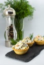 Traditional Russian Olivier salad is served in tartlets. Royalty Free Stock Photo