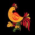 Traditional Russian ornament of Hohloma bird on black background