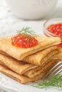 Traditional Russian pancakes blini with salmon caviar Royalty Free Stock Photo