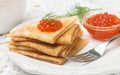 Traditional Russian pancakes blini with salmon caviar Royalty Free Stock Photo