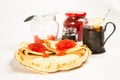 Traditional Russian pancakes with red caviar. Royalty Free Stock Photo