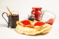 Traditional Russian pancakes with red caviar. Royalty Free Stock Photo