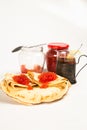 Traditional Russian pancakes with red caviar. Royalty Free Stock Photo