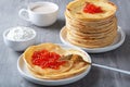 Traditional russian pancakes with red caviar. Maslenitsa week. Maslenitsa