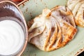 Traditional russian pelmeni, ravioli, dumplings with meat in plate on wooden background Royalty Free Stock Photo