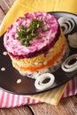 Traditional Russian salad Herring under a fur coat close-up. vertical