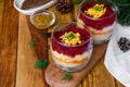 Traditional Russian salad herring under a fur coat in a glass