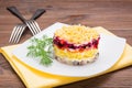 Traditional Russian salad - herring under a fur coat in a plate