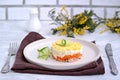 Traditional Russian salad Mimosa with boiled pink salmon, carrots, onions and eggs on a gray concrete background Royalty Free Stock Photo