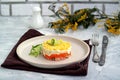 Traditional Russian salad Mimosa with boiled pink salmon, carrots, onions and eggs on a gray concrete background Royalty Free Stock Photo