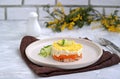 Traditional Russian salad Mimosa with boiled pink salmon, carrots, onions and eggs on a gray concrete background Royalty Free Stock Photo