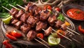 Traditional Russian shashlik on a barbecue skewer with paprika as closeup on an old board