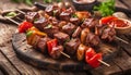 Traditional Russian shashlik on a barbecue skewer with paprika as closeup on an old board