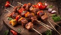 Traditional Russian shashlik on a barbecue skewer with paprika as closeup on an old board