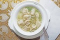 Traditional Russian Siberian pelmeni in soup