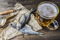 Traditional Russian snacks to beer. Dried roach on paper.