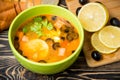 Traditional Russian soup solyanka in bowl on the table Royalty Free Stock Photo