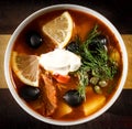 Traditional Russian soup solyanka closeup in a bowl on the table. Royalty Free Stock Photo