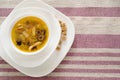 Traditional Russian soup solyanka saltwort closeup in a bowl on the table. Royalty Free Stock Photo