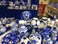 Traditional Russian souvenir Gzhel porcelain figurines in souvenir market