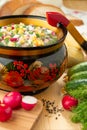 Traditional Russian summer cold okroshka soup with kefir in a bowl on a wood background. View from above. Khokhloma-style wooden