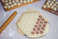 Traditional russian uncooked pelmeni on cutting board and ingredients for homemade pelmeni on white table. Process of