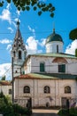 Russia, Yaroslavl, July 2020. An ancient temple with a high bell tower on a city street.