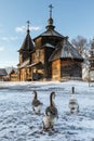 Traditional Russian wooden church of the Resurrection from village of Patakino. Royalty Free Stock Photo