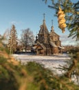 Traditional Russian wooden church of the Resurrection from village of Patakino. Royalty Free Stock Photo