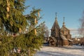 Traditional Russian wooden church of the Resurrection from village of Patakino. Royalty Free Stock Photo