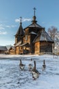 Traditional Russian wooden church of the Resurrection from village of Patakino. Royalty Free Stock Photo