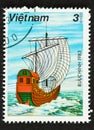 Traditional Sailing Ship on Vietnam Stamp on Ocean Royalty Free Stock Photo