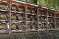 Traditional sake barrels wrapped in straw by Meiji Shrine